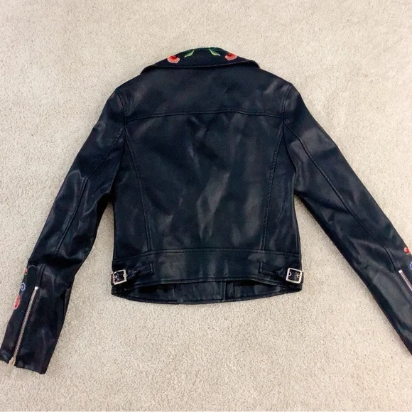 Floral Embroidered Black Faux Leather Biker Jacket - Picture 8 of 10